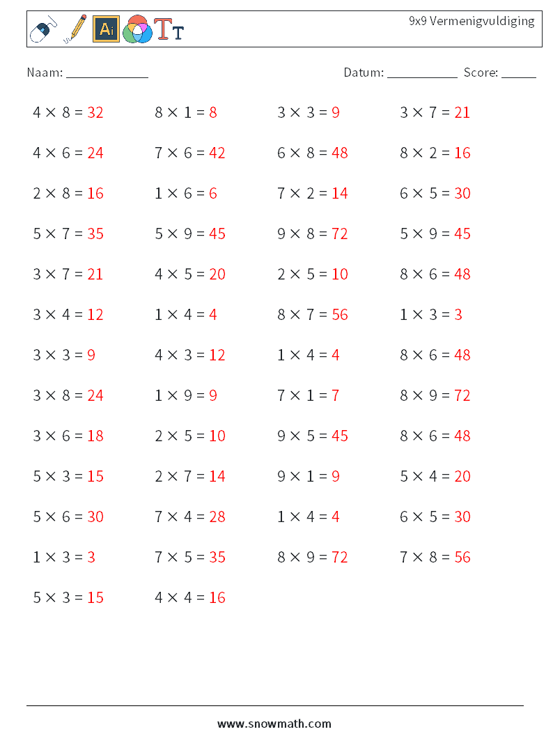 (50) 9x9 Vermenigvuldiging Wiskundige werkbladen 3 Vraag, Antwoord