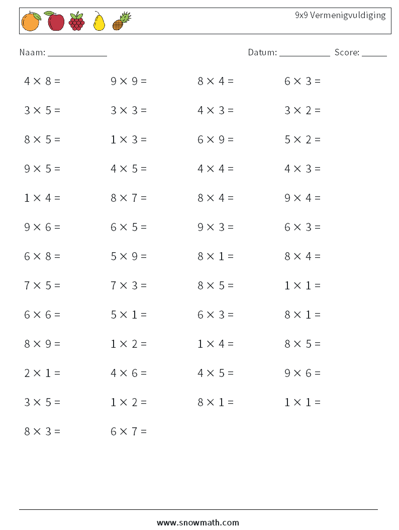 (50) 9x9 Vermenigvuldiging Wiskundige werkbladen 4