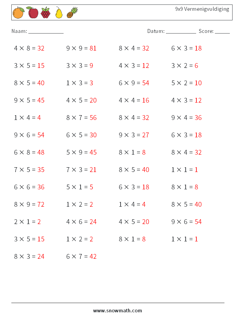 (50) 9x9 Vermenigvuldiging Wiskundige werkbladen 4 Vraag, Antwoord