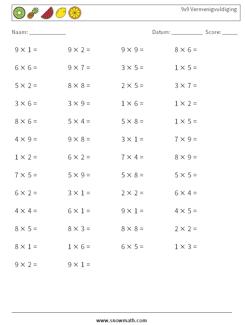(50) 9x9 Vermenigvuldiging Wiskundige werkbladen 5