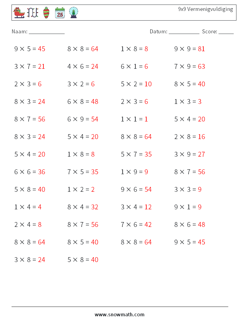 (50) 9x9 Vermenigvuldiging Wiskundige werkbladen 6 Vraag, Antwoord