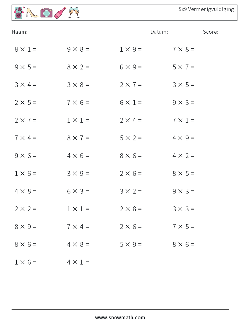 (50) 9x9 Vermenigvuldiging Wiskundige werkbladen 7