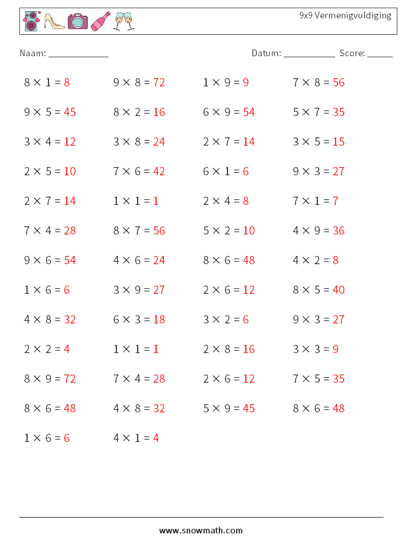 (50) 9x9 Vermenigvuldiging Wiskundige werkbladen 7 Vraag, Antwoord