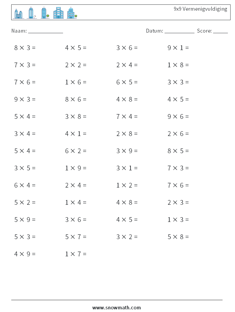 (50) 9x9 Vermenigvuldiging Wiskundige werkbladen 8