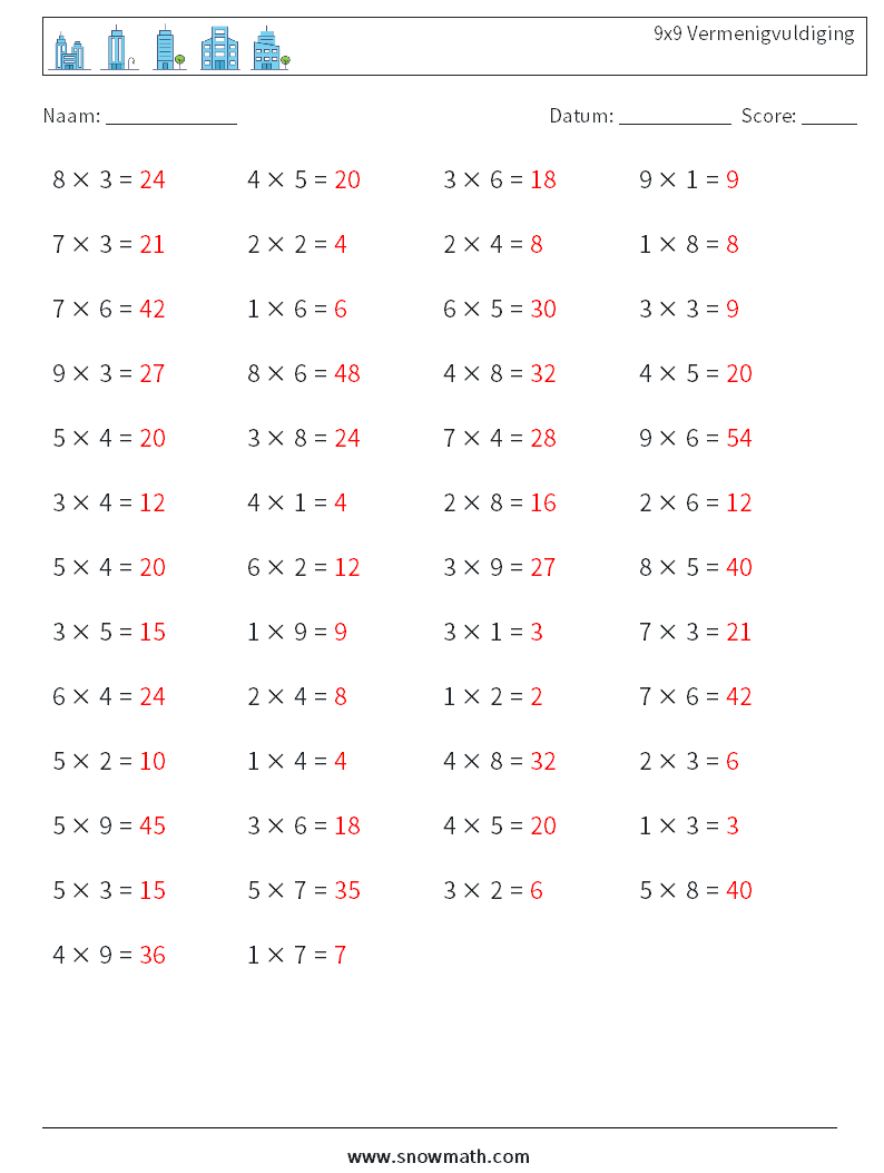 (50) 9x9 Vermenigvuldiging Wiskundige werkbladen 8 Vraag, Antwoord