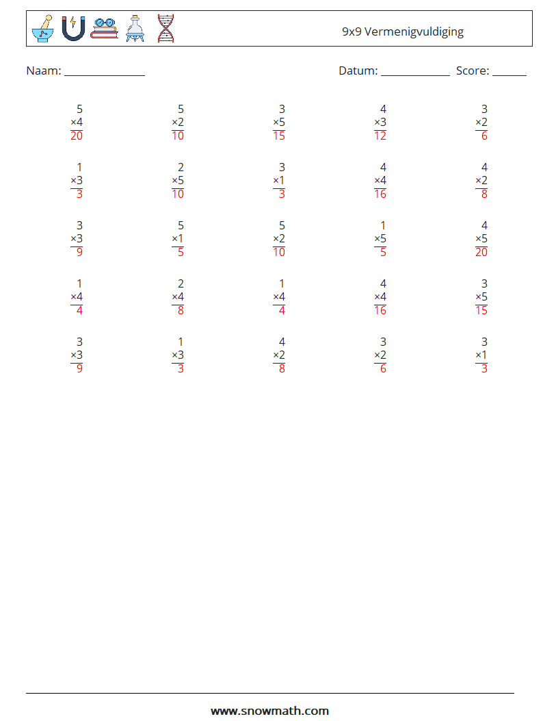 (25) 9x9 Vermenigvuldiging Wiskundige werkbladen 1 Vraag, Antwoord