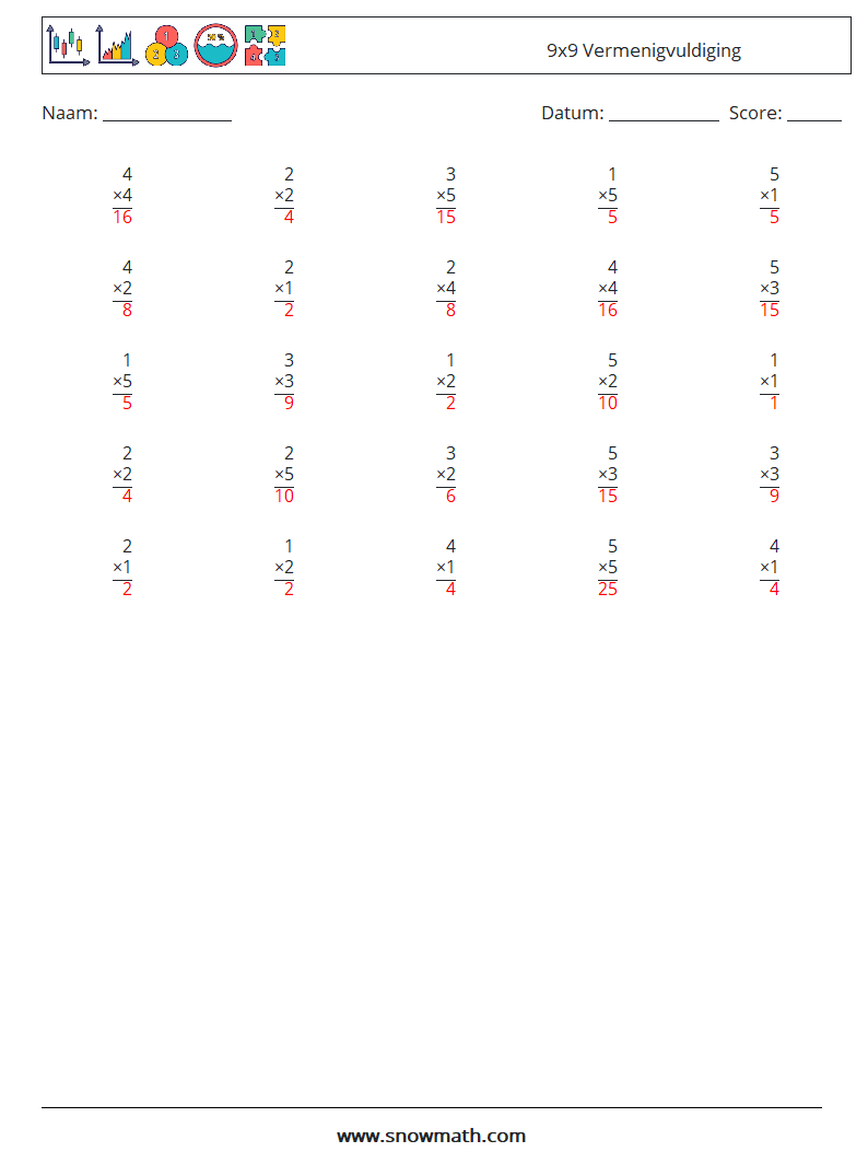 (25) 9x9 Vermenigvuldiging Wiskundige werkbladen 2 Vraag, Antwoord