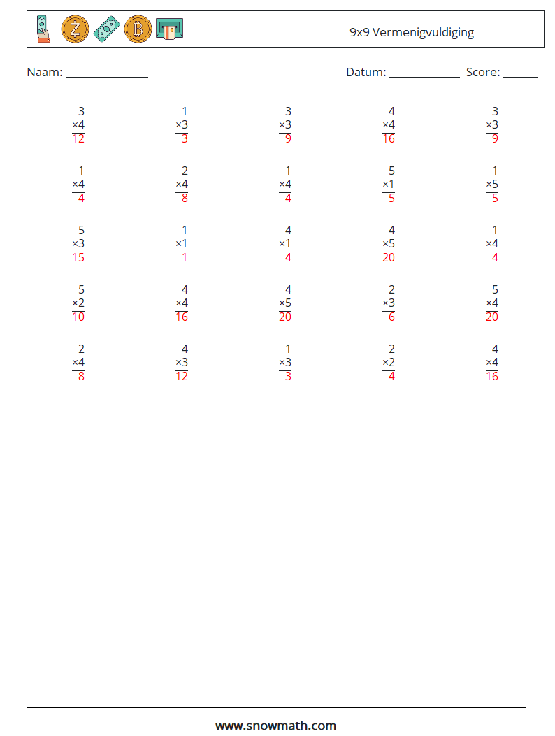 (25) 9x9 Vermenigvuldiging Wiskundige werkbladen 3 Vraag, Antwoord