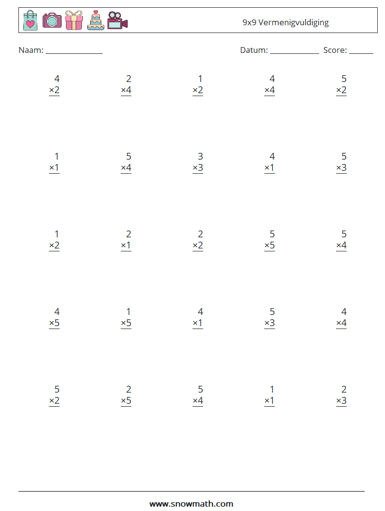 (25) 9x9 Vermenigvuldiging Wiskundige werkbladen 4