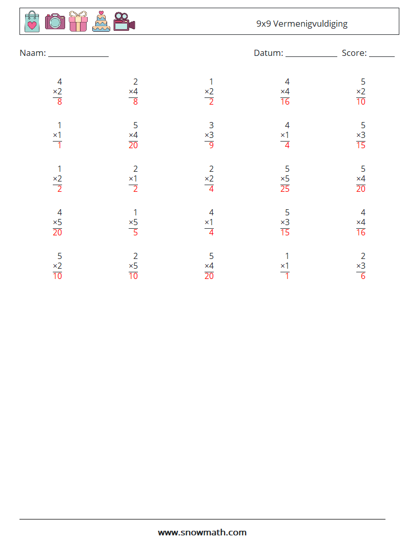 (25) 9x9 Vermenigvuldiging Wiskundige werkbladen 4 Vraag, Antwoord