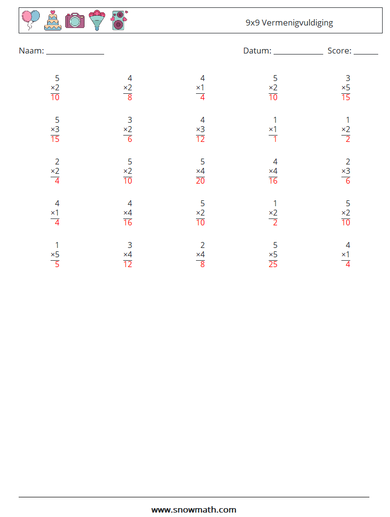 (25) 9x9 Vermenigvuldiging Wiskundige werkbladen 5 Vraag, Antwoord