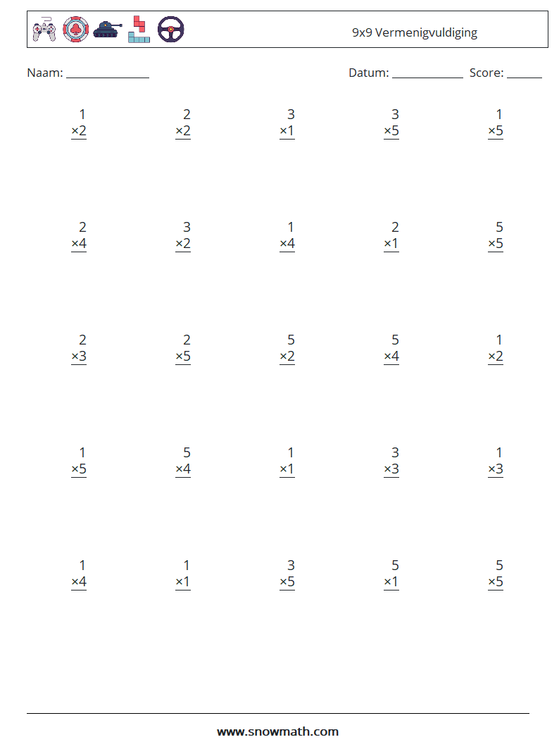 (25) 9x9 Vermenigvuldiging Wiskundige werkbladen 6