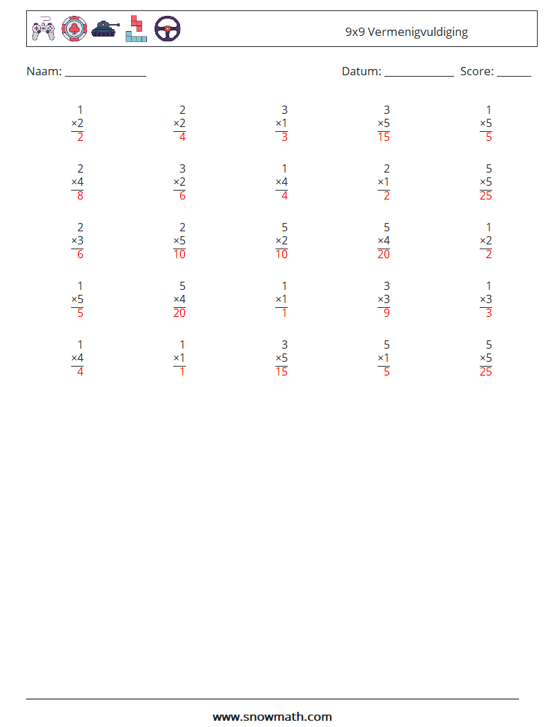 (25) 9x9 Vermenigvuldiging Wiskundige werkbladen 6 Vraag, Antwoord