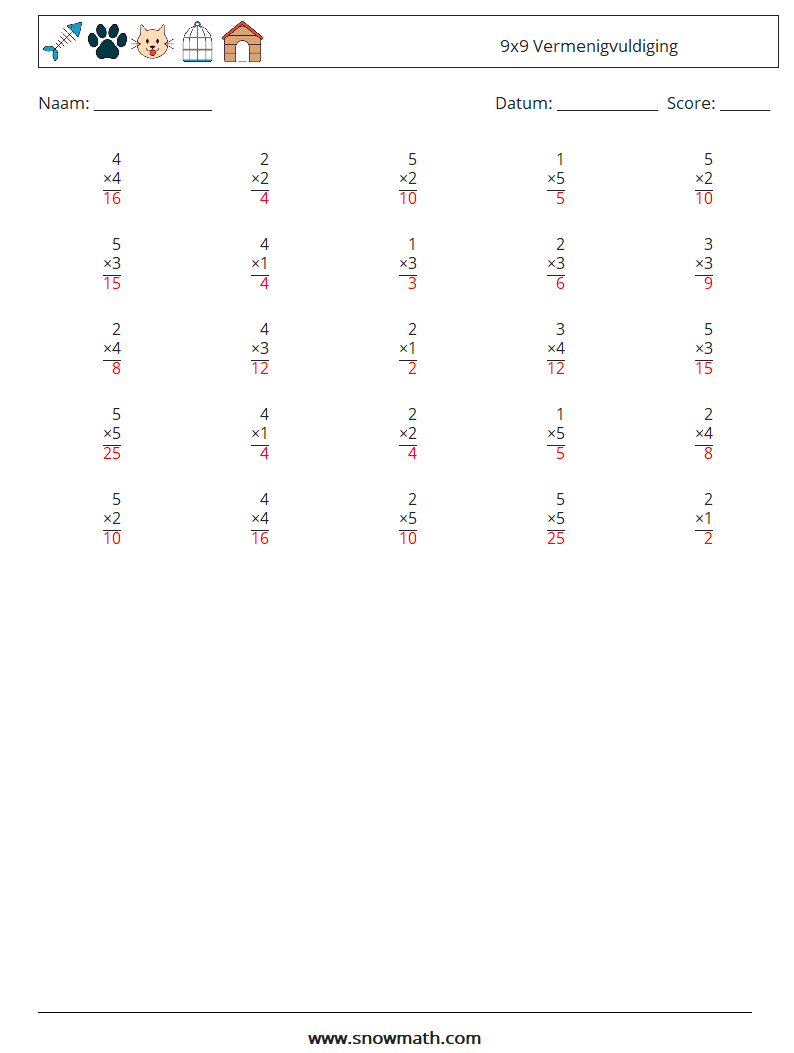 (25) 9x9 Vermenigvuldiging Wiskundige werkbladen 7 Vraag, Antwoord