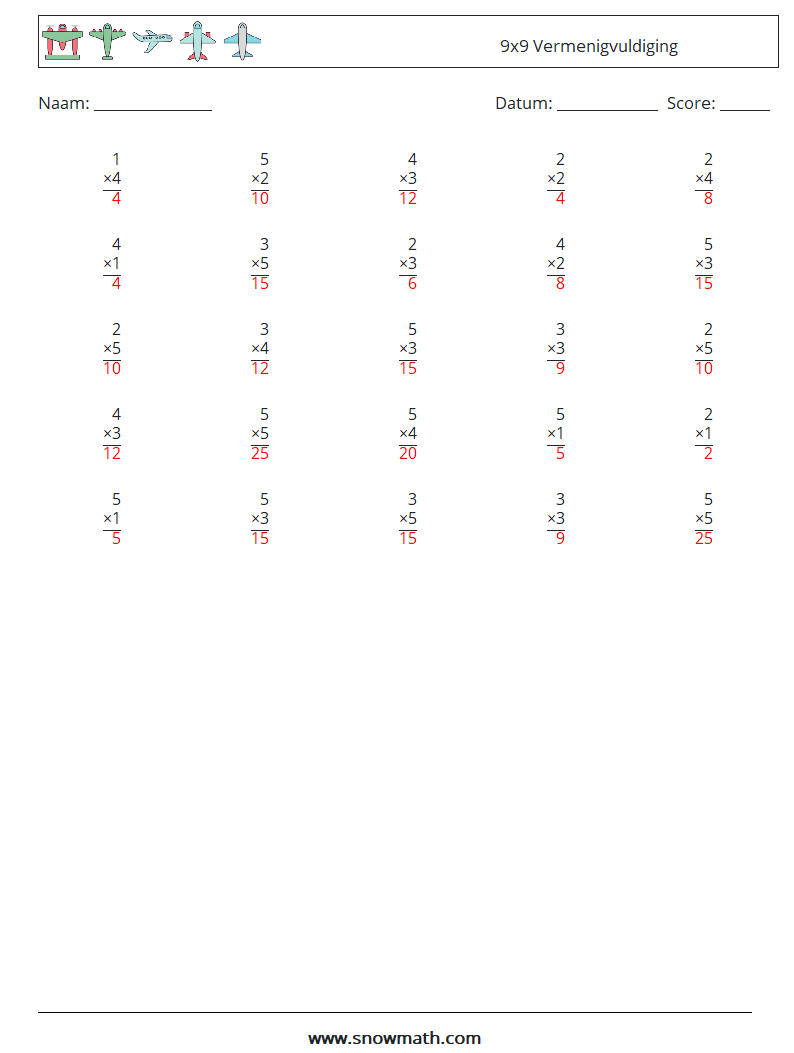 (25) 9x9 Vermenigvuldiging Wiskundige werkbladen 8 Vraag, Antwoord