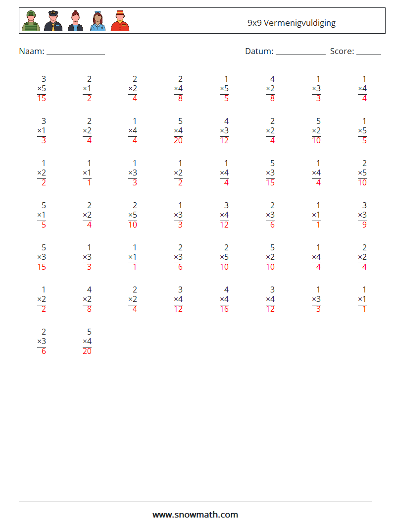 (50) 9x9 Vermenigvuldiging Wiskundige werkbladen 1 Vraag, Antwoord