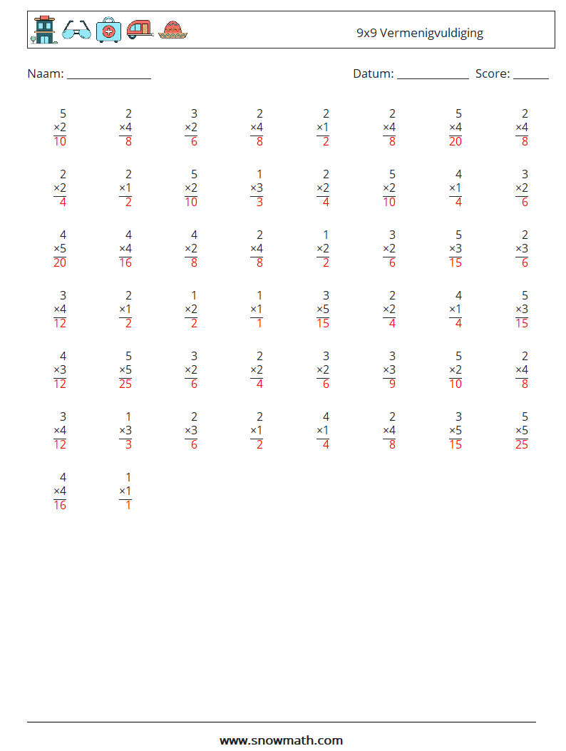 (50) 9x9 Vermenigvuldiging Wiskundige werkbladen 2 Vraag, Antwoord