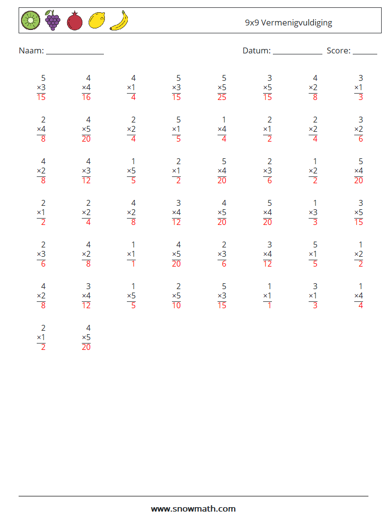 (50) 9x9 Vermenigvuldiging Wiskundige werkbladen 3 Vraag, Antwoord