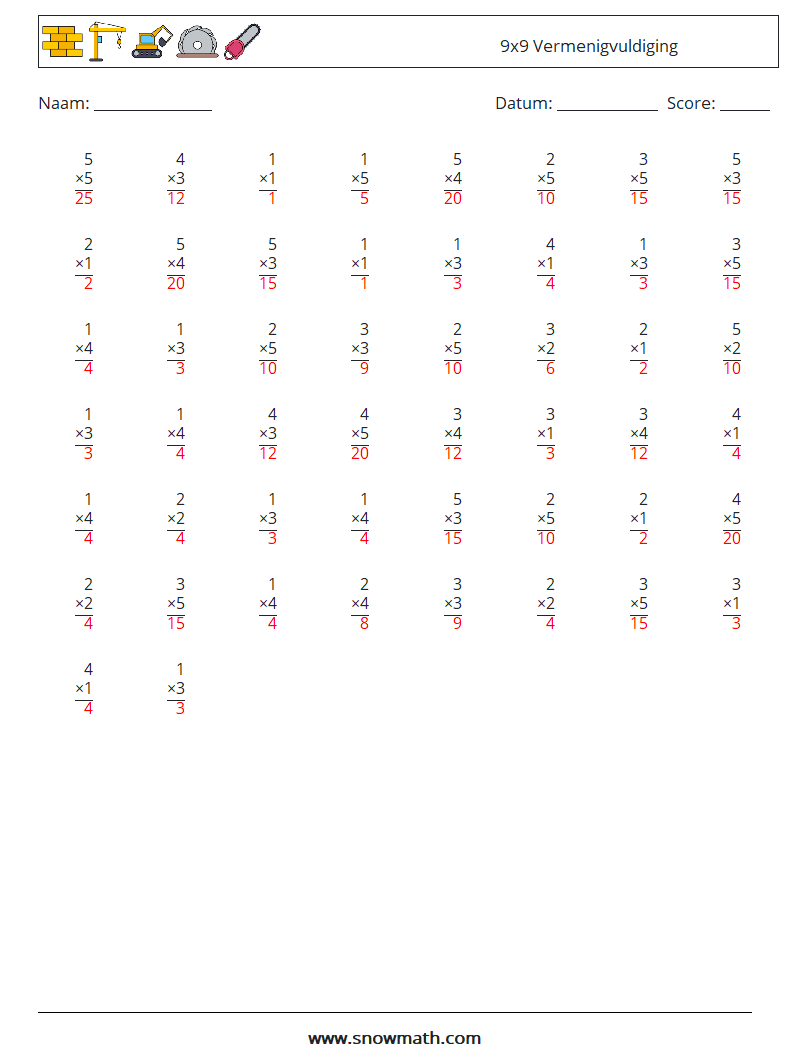 (50) 9x9 Vermenigvuldiging Wiskundige werkbladen 4 Vraag, Antwoord