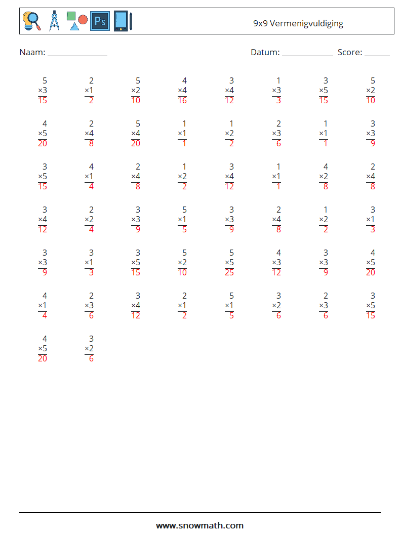 (50) 9x9 Vermenigvuldiging Wiskundige werkbladen 5 Vraag, Antwoord