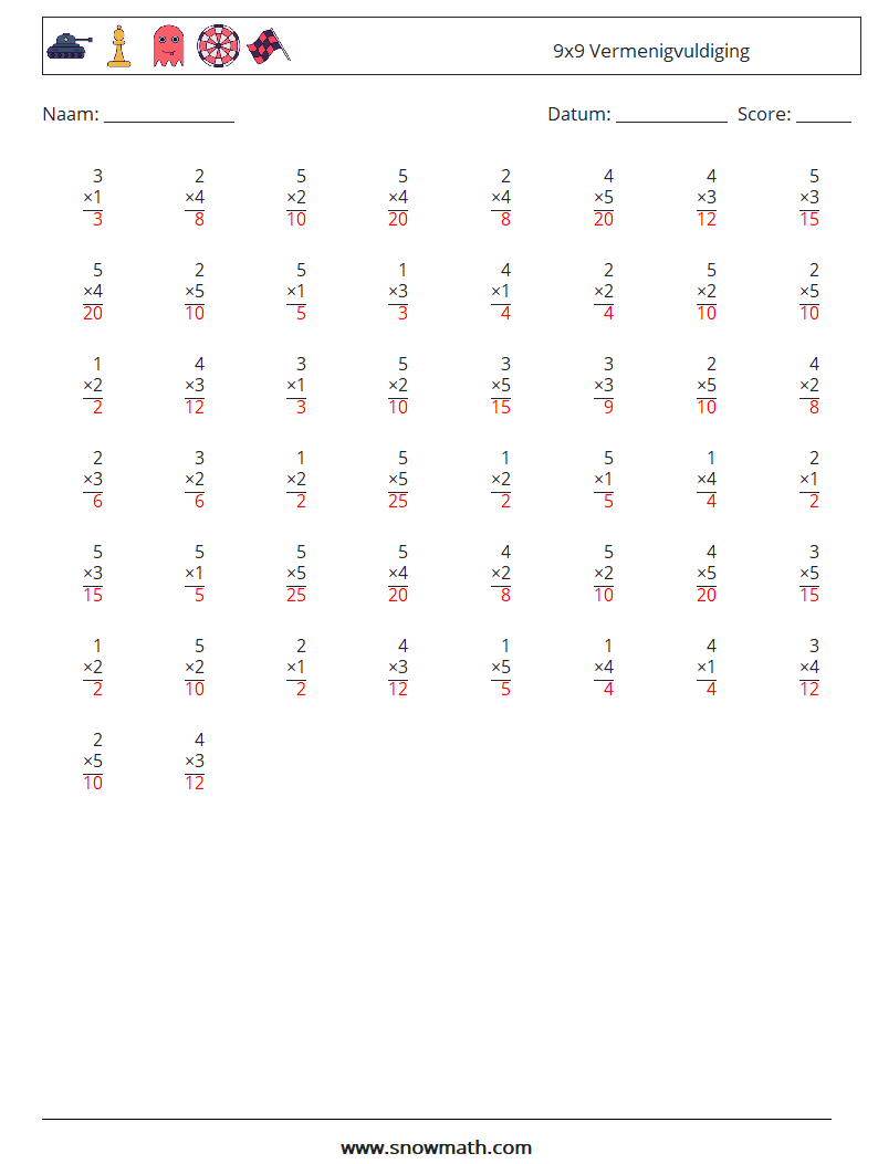 (50) 9x9 Vermenigvuldiging Wiskundige werkbladen 6 Vraag, Antwoord