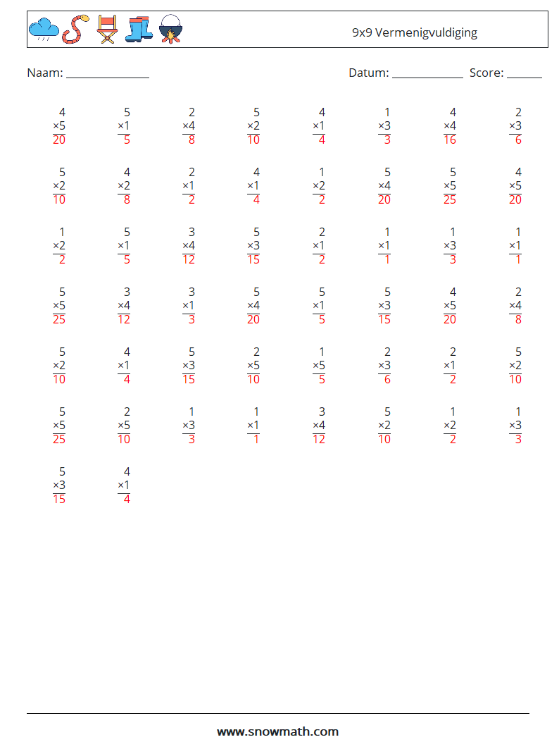 (50) 9x9 Vermenigvuldiging Wiskundige werkbladen 7 Vraag, Antwoord