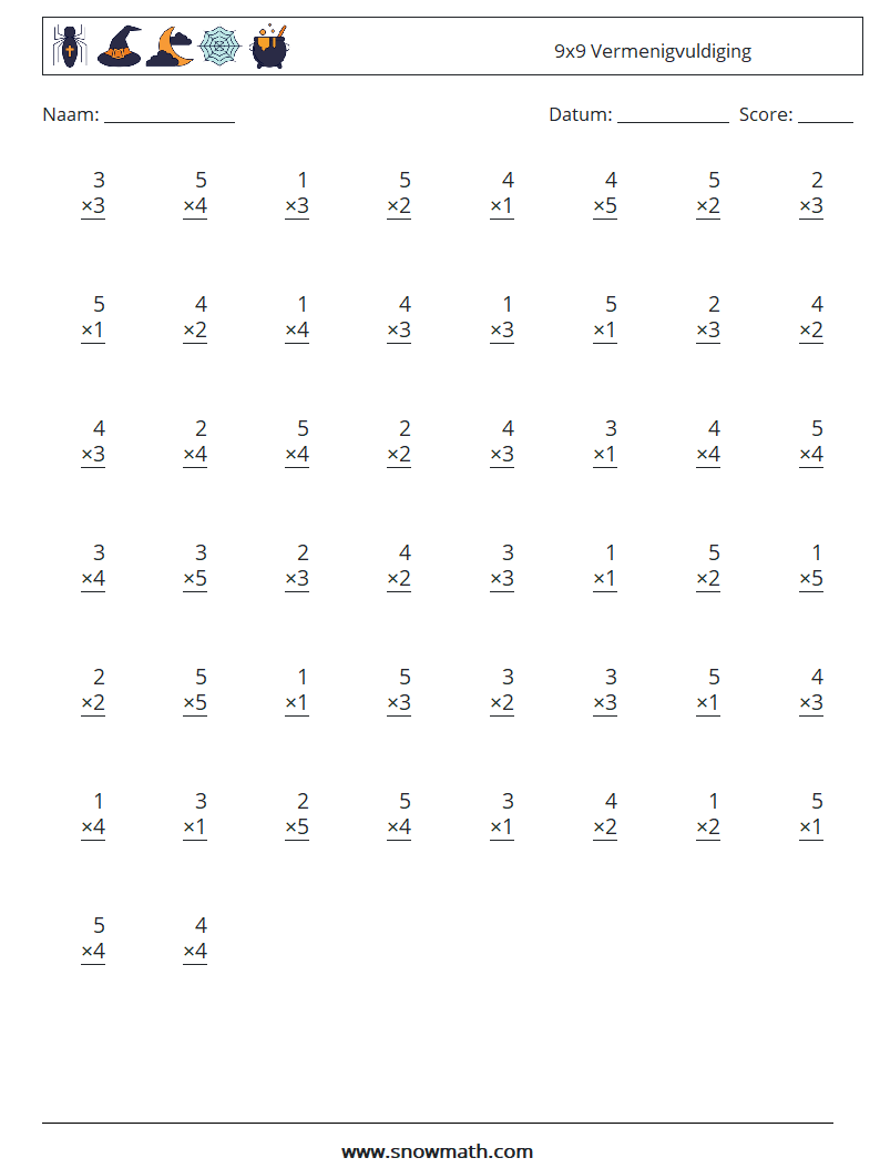 (50) 9x9 Vermenigvuldiging Wiskundige werkbladen 8