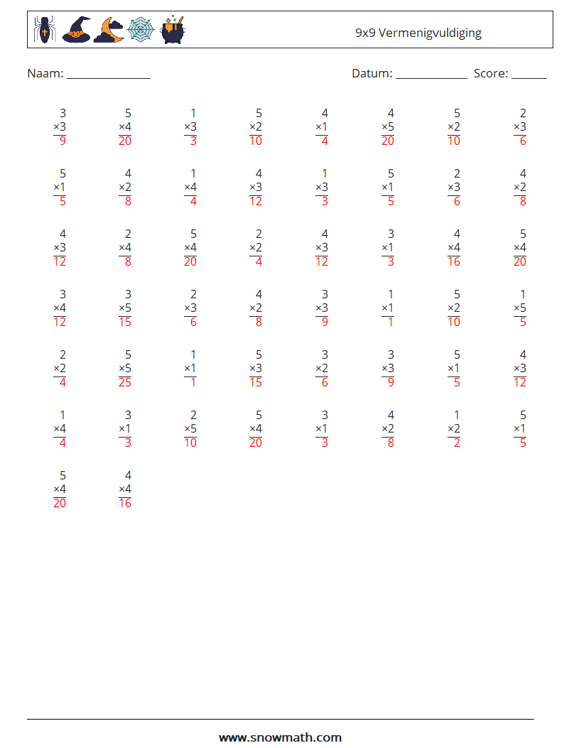 (50) 9x9 Vermenigvuldiging Wiskundige werkbladen 8 Vraag, Antwoord