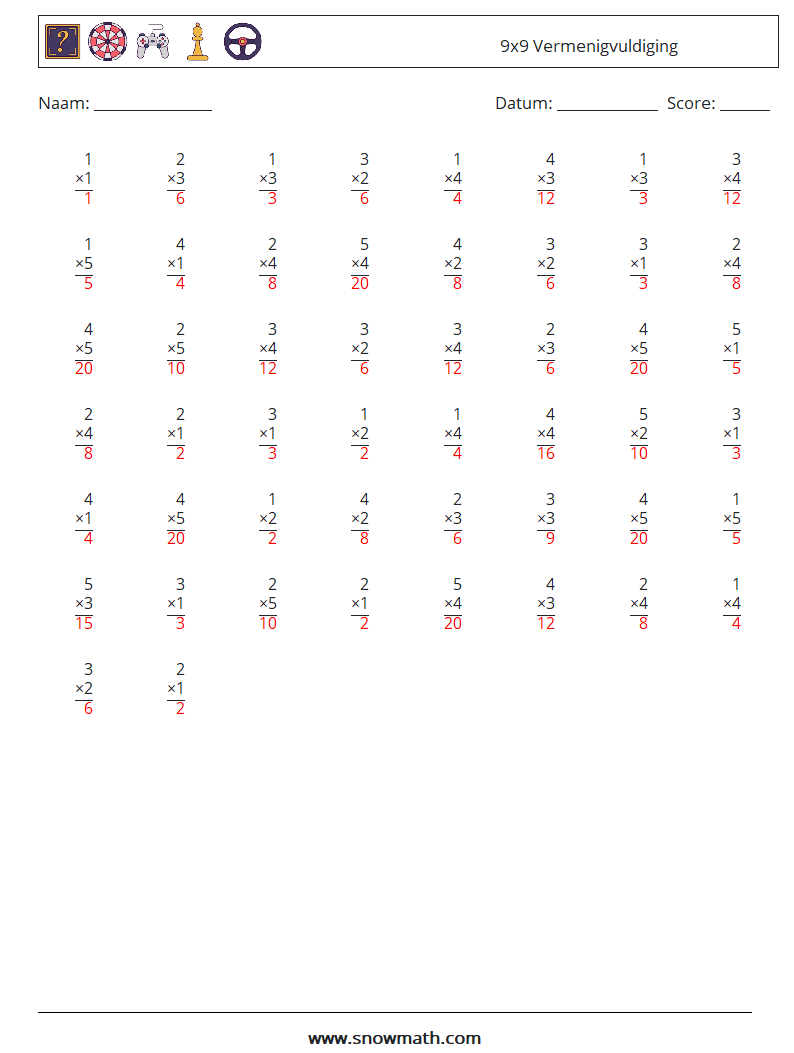 (50) 9x9 Vermenigvuldiging Wiskundige werkbladen 9 Vraag, Antwoord