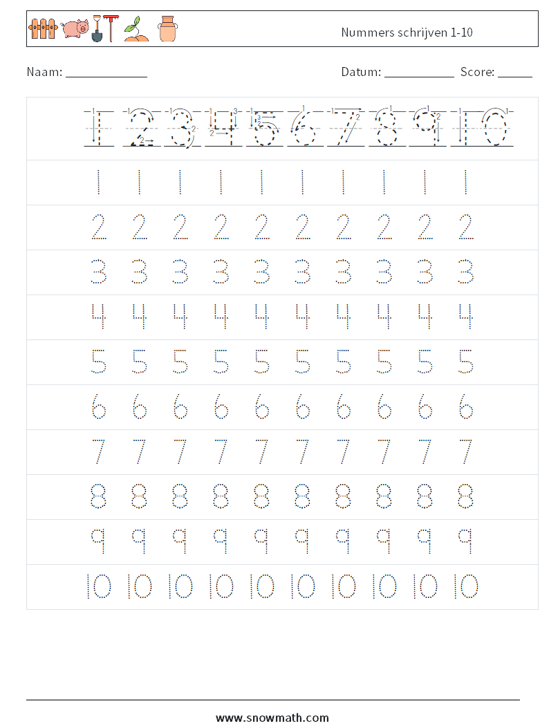 Nummers schrijven 1-10 Wiskundige werkbladen 1