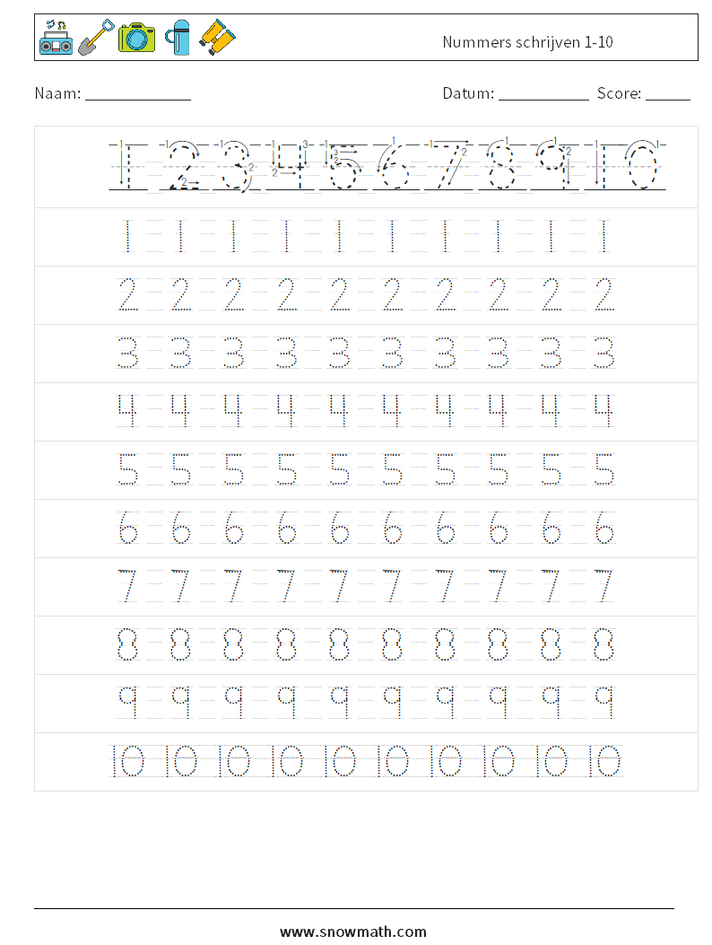 Nummers schrijven 1-10 Wiskundige werkbladen 2