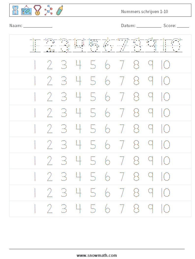 Nummers schrijven 1-10 Wiskundige werkbladen 3