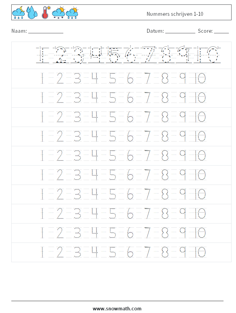 Nummers schrijven 1-10 Wiskundige werkbladen 4