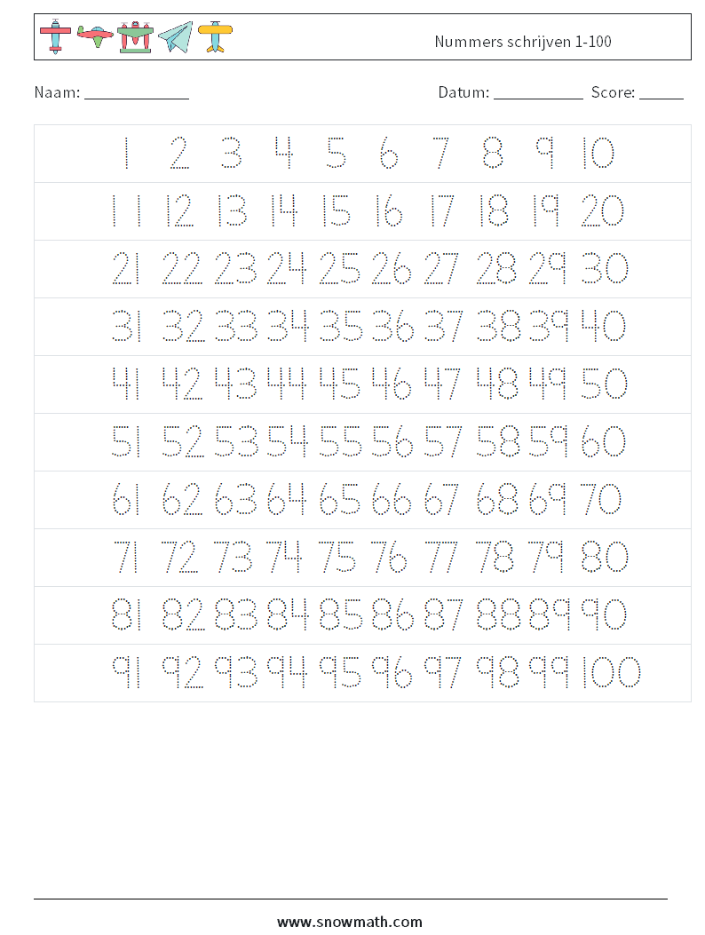 Nummers schrijven 1-100 Wiskundige werkbladen 1