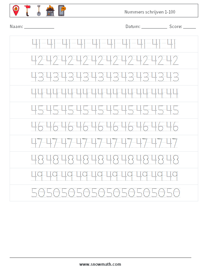 Nummers schrijven 1-100 Wiskundige werkbladen 10