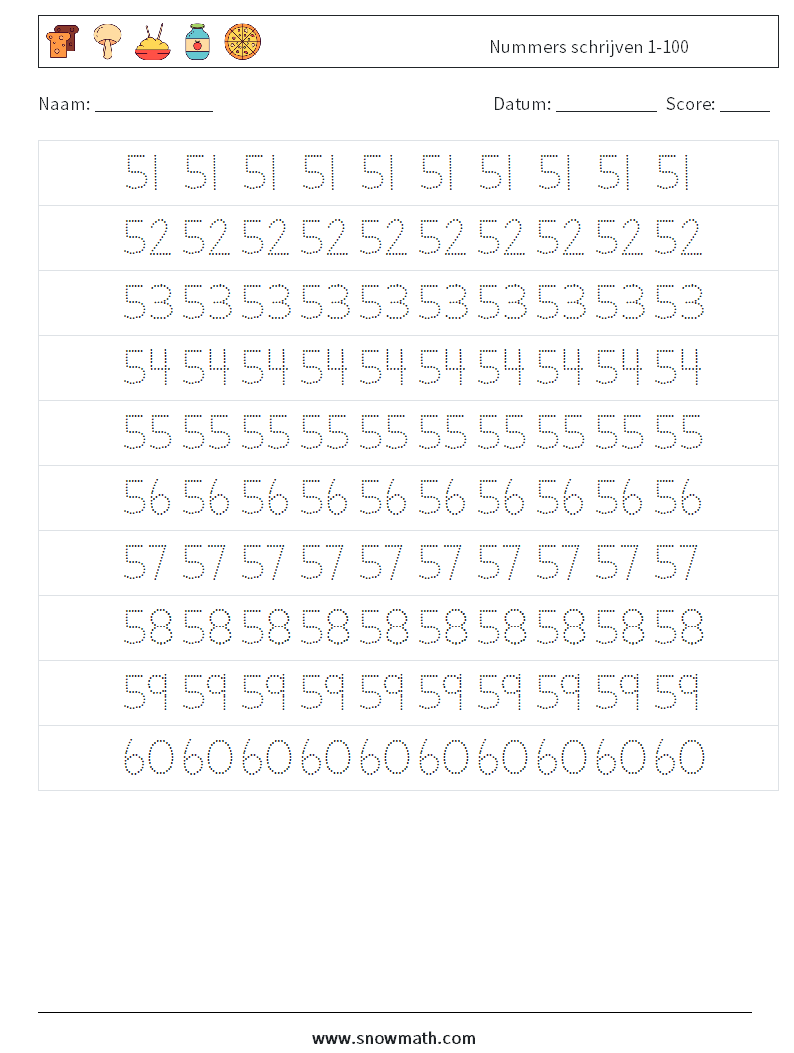 Nummers schrijven 1-100 Wiskundige werkbladen 11