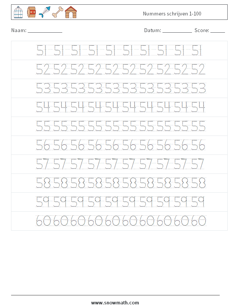 Nummers schrijven 1-100 Wiskundige werkbladen 12