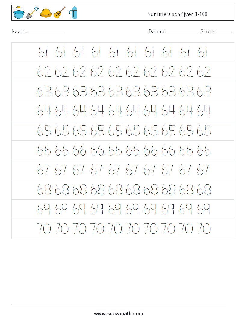 Nummers schrijven 1-100 Wiskundige werkbladen 13