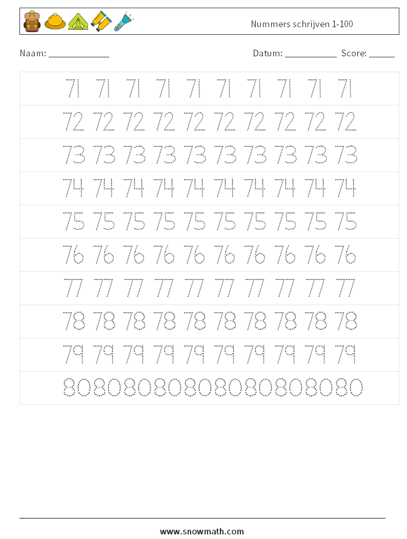 Nummers schrijven 1-100 Wiskundige werkbladen 15