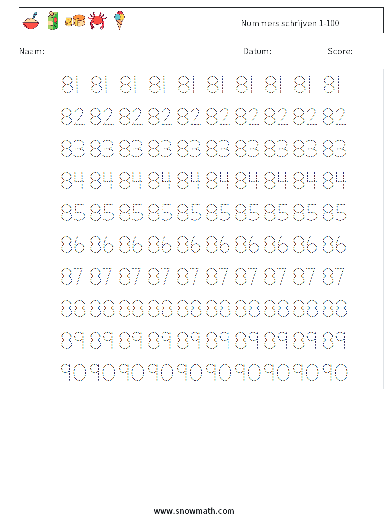 Nummers schrijven 1-100 Wiskundige werkbladen 17