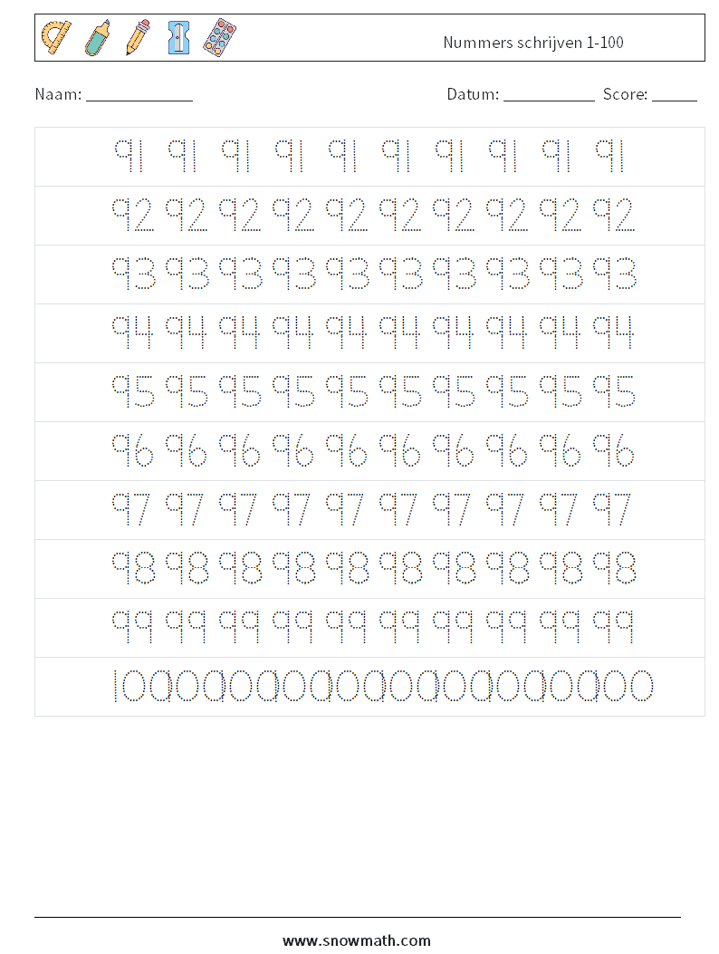 Nummers schrijven 1-100 Wiskundige werkbladen 19