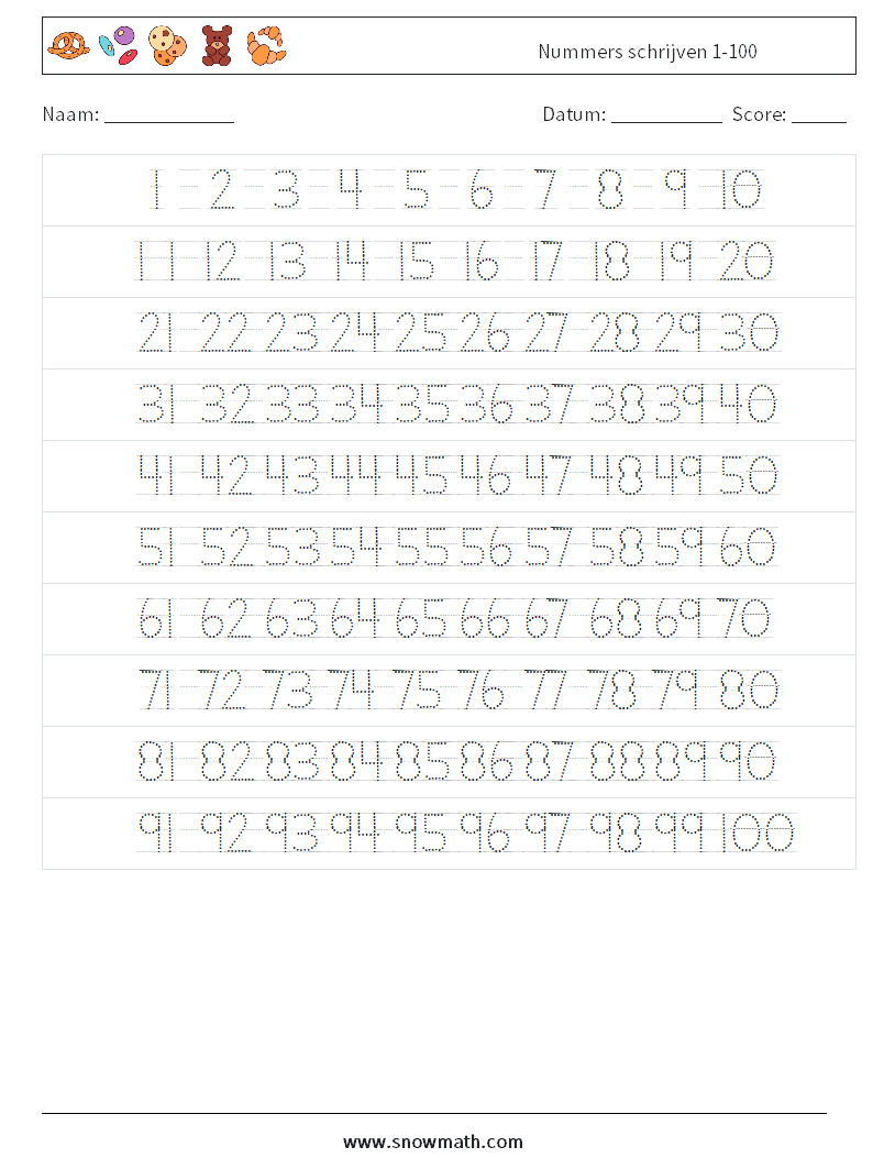 Nummers schrijven 1-100 Wiskundige werkbladen 2