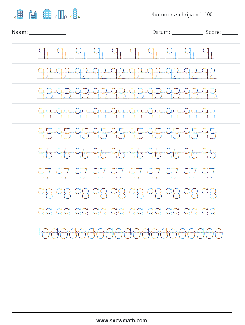 Nummers schrijven 1-100 Wiskundige werkbladen 20