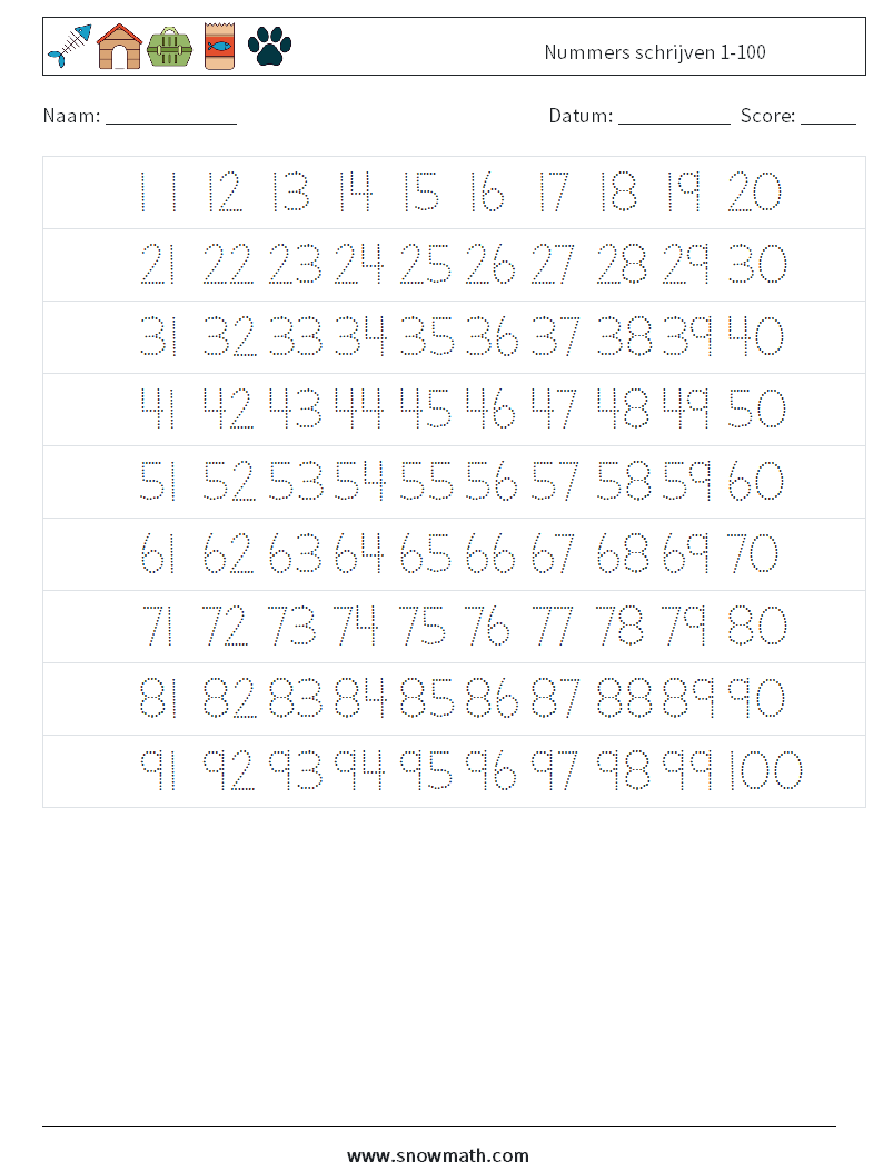 Nummers schrijven 1-100 Wiskundige werkbladen 21