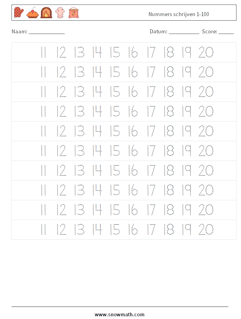 Nummers schrijven 1-100 Wiskundige werkbladen 23