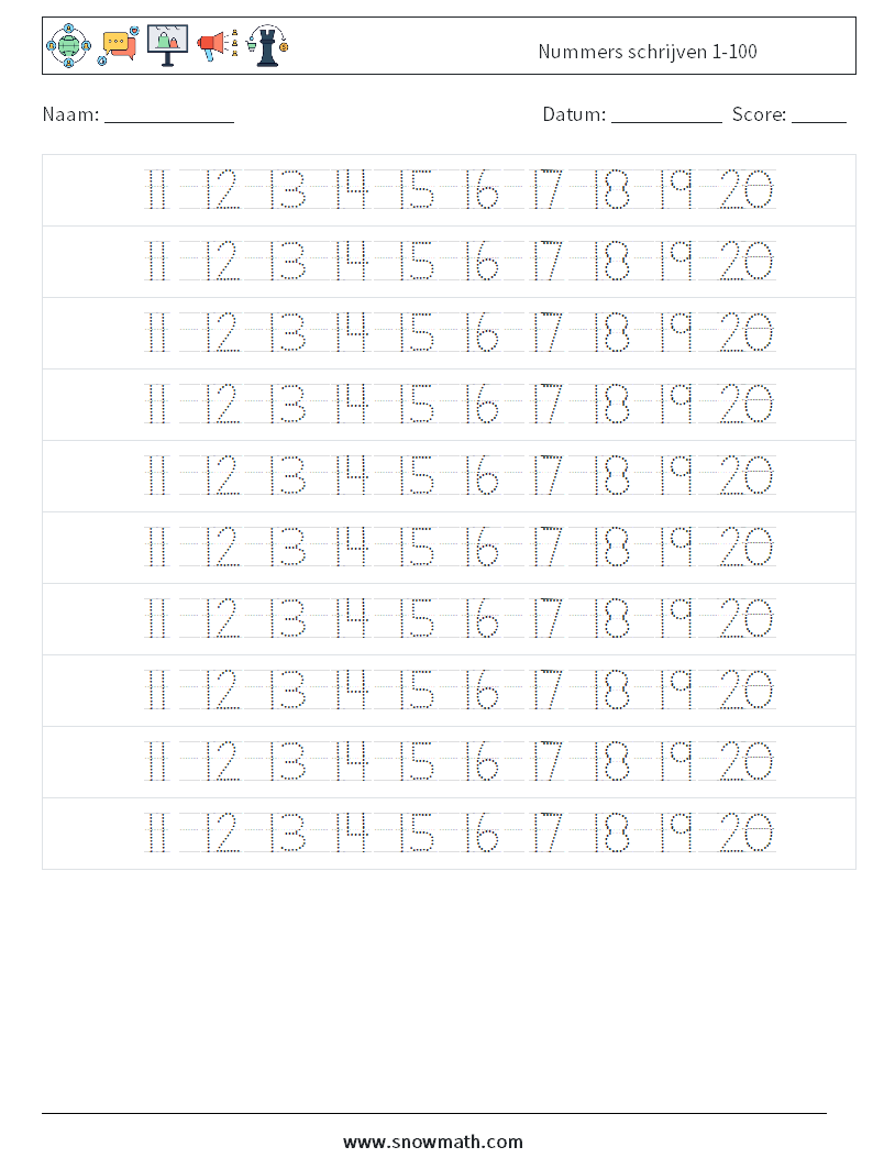 Nummers schrijven 1-100 Wiskundige werkbladen 24