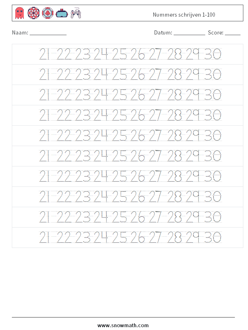 Nummers schrijven 1-100 Wiskundige werkbladen 26