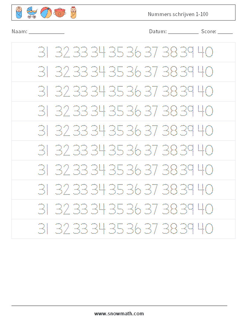 Nummers schrijven 1-100 Wiskundige werkbladen 27