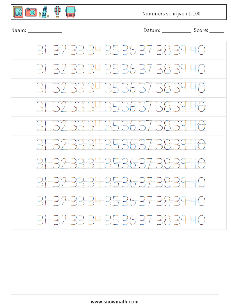 Nummers schrijven 1-100 Wiskundige werkbladen 28