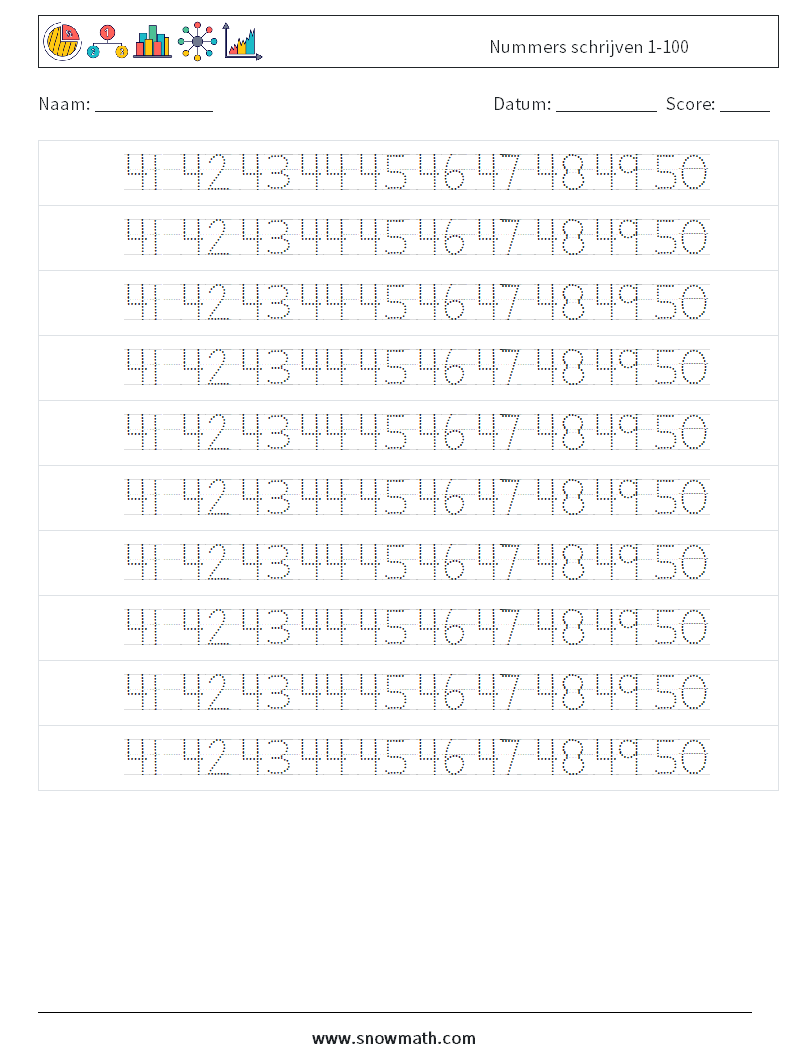 Nummers schrijven 1-100 Wiskundige werkbladen 30